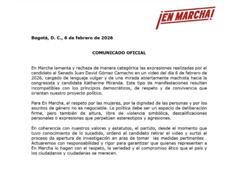 Comunicado oficial de En Marcha con respecto al caso de Juan David Gómez. FOTO: Cortesía.