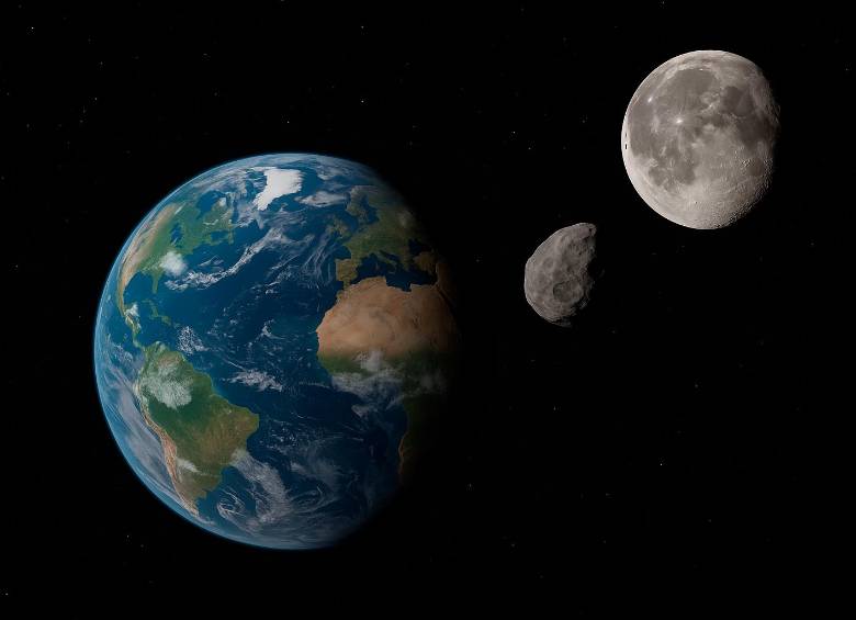 Ilustración artística del planeta Tierra junto a su luna y el asteroide 2025 PN7, un cuasi-satélite que seguirá acompañando nuestra órbita hasta el año 2083. FOTO creada con inteligencia artificial 