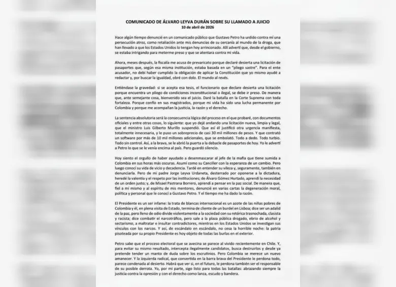 Este es el comunicado que publicó el excanciller en su cuenta de X. FOTO: @AlvaroLeyva