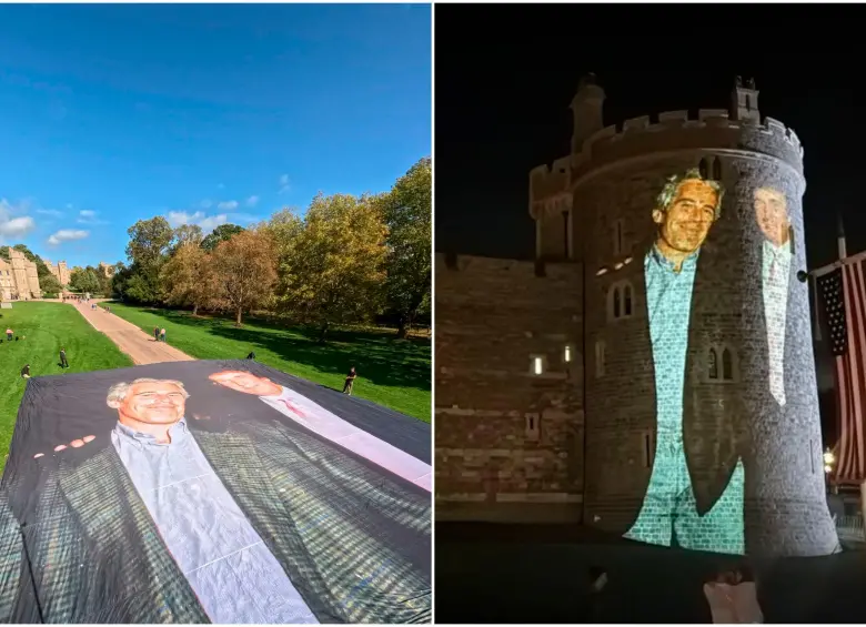 Estas son algunas de las imágenes de Epstein y Trump que fueron proyectadas en el castillo de Windsor en Londres. FOTOS: Tomadas de X @MissAlly_01 y @DJJudd