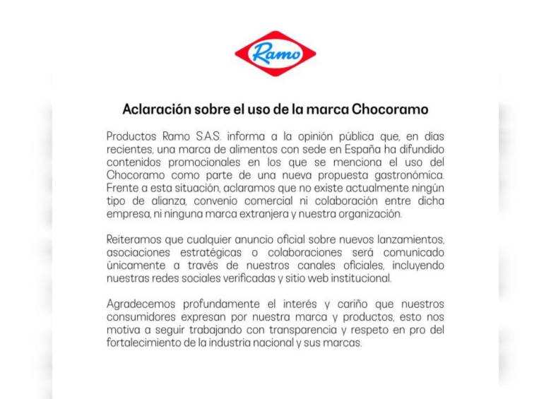 Productos Ramo S.A.S., empresa productora del Chcorramo, publicó un comunicado explicando su situación con la malteada propuesta por Frisby España. FOTO: Tomada de redes sociales Ramo
