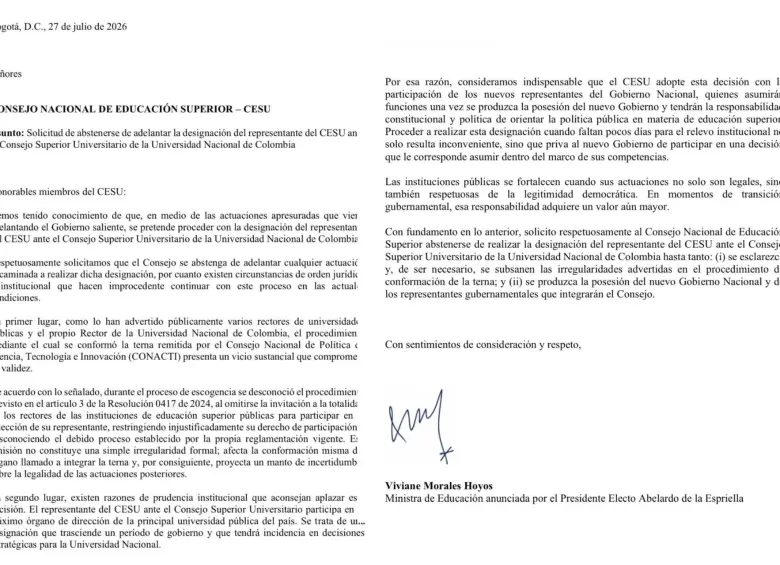 Esta es la carta que envió Viviane Morales al Cesu. Foto: Cortesía.
