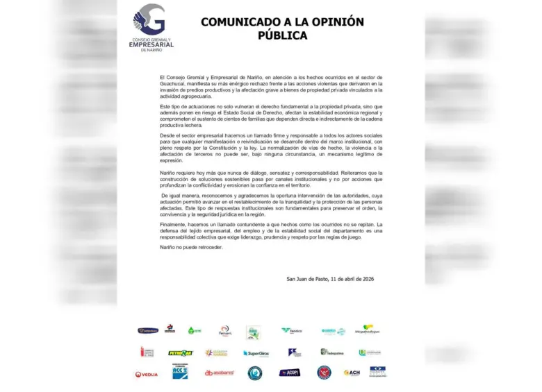 Comunicado Consejo Gremial y Empresarial de Nariño. Cortesía. 