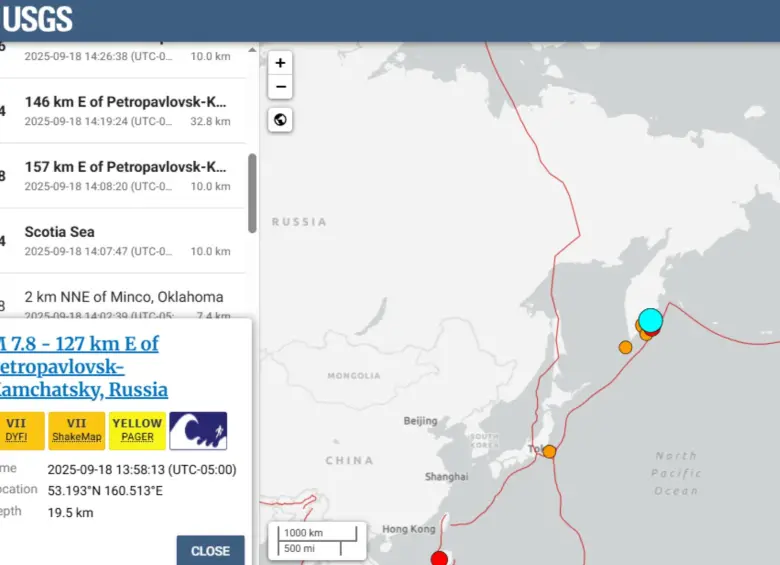 El terremoto de magnitud 7.8 en la península de Petropávlovsk-Kamchatka en el Extremo Oriente de Rusia. FOTO: USGS