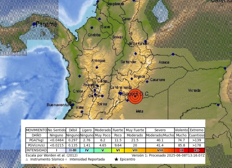 Temblor en Colombia el domingo 8 de junio. Foto: Servicio Geológico Colombiano