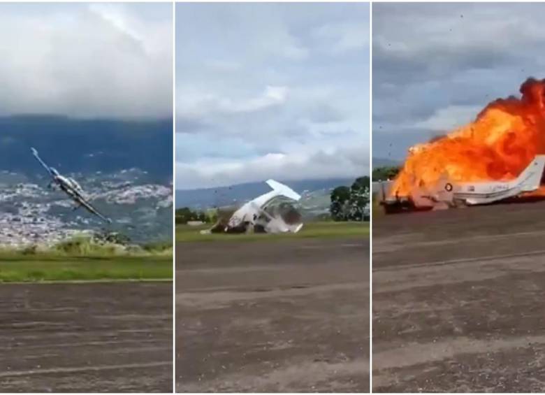 Secuencia del accidente de la avioneta en aeropuerto de Venezuela en donde los dos tripulantes del vehículo perdieron la vida tras la explosión. FOTO: Captura video de redes sociales @AlertaMundoNews