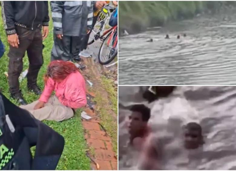 La mujer después de ser sacada del agua y los uniformados que se lanzaron al río para salvar a la mujer y su bebe. FOTO: Captura video redes sociales @ColombiaOscura La mujer después de ser sacada del agua y los uniformados que se lanzaron al río para salvar a la mujer y su bebe. FOTO: Captura video redes sociales @ColombiaOscura