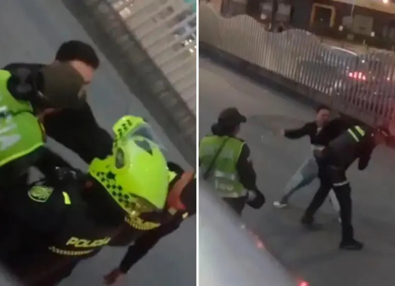 Los usuarios grabaron el momento de la disputa del ciudadano colado con el uniformado. Redes sociales.