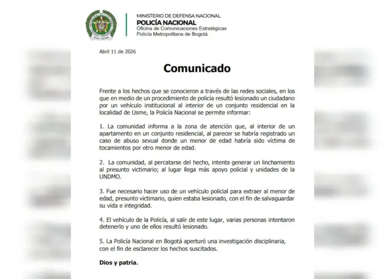 Las autoridades confirmaron la apertura de una investigación disciplinaria. Foto: cortesía Policía Metropolitana de Bogotá
