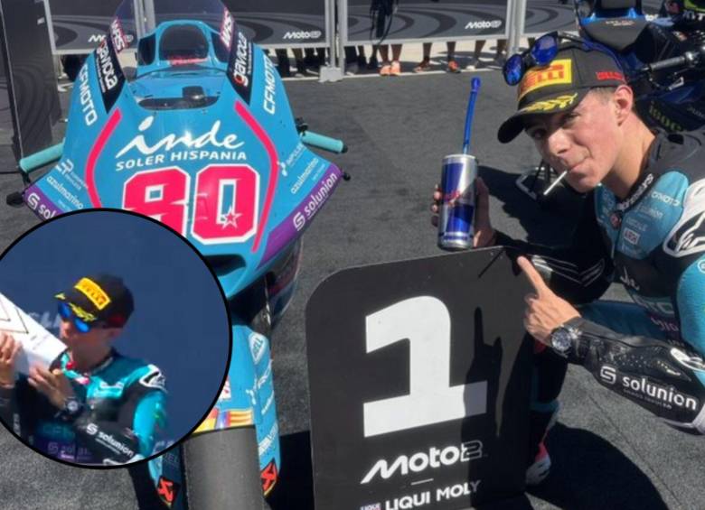 Así celebró David Alonso su primer triunfo en la categoría Moto2. Fotos: MotoGP