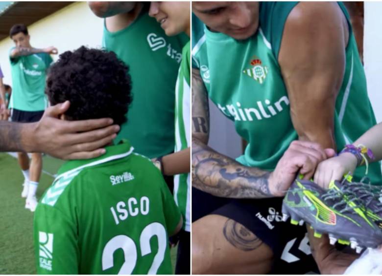 El niño llamado Gonzalo compartió con todos los jugadores del equipo durante un entrenamiento en España, donde le dieron regalos. FOTO: Redes sociales Real Betis @realbetisfundacion