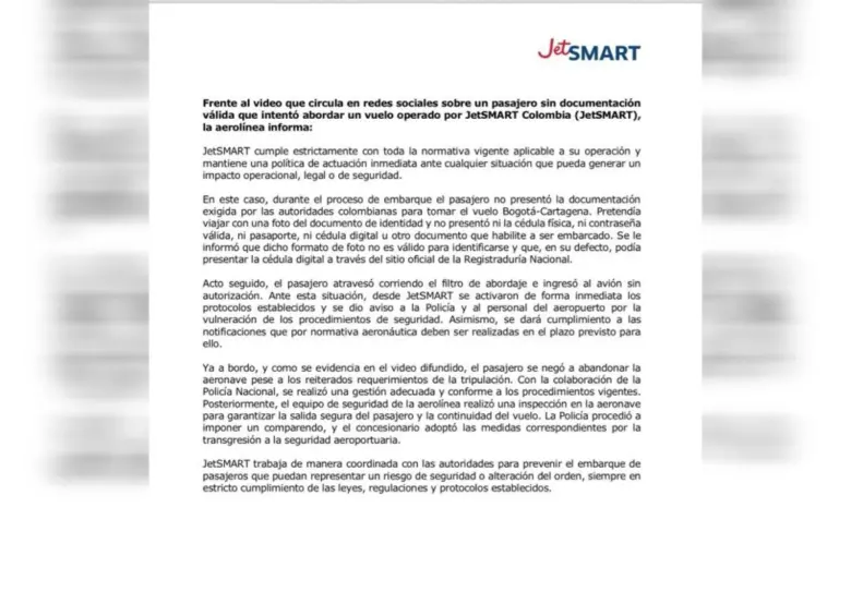 Comunicado de JetSmart relatando lo sucedido con el pasajero. Foto: Cortesía
