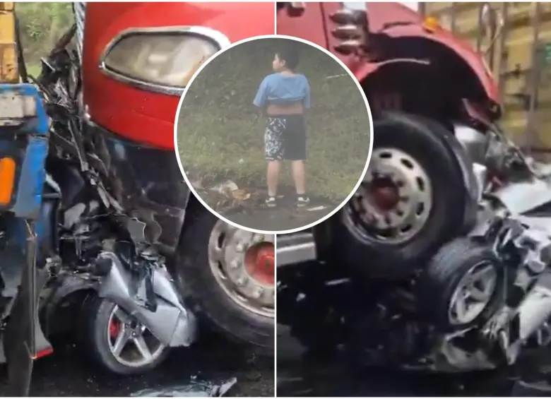 Uno de los hijos de la pareja que murió en el accidente se bajó en medio del trancón para orinar, por lo que presenció todo desde afuera. Su hermano menor también sobrevivió. FOTO: Captura video de redes sociales 