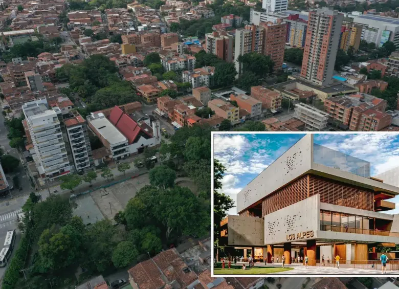 Adelante, un render sobre el Recreo que se construirá en Los Alpes. Atrás, panorámica de este barrio de la comuna de Belén. FOTO: Cortesía