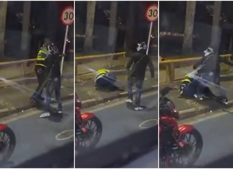 Secuencia de como el motociclista golpeo al agente de tránsito luego de que este lo detuviera al intentarse pasar el puesto de control en Cali. FOTO: Captura video de redes sociales @AntonioMinotta