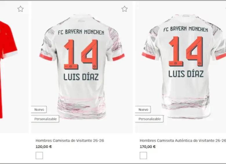 Precios (en euros) de la camiseta en la página del Bayern Múnich. FOTO: Captura página Bayern Múnich
