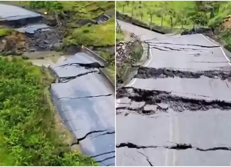La parte de la vía afectada quedó destruida, con grandes y profundas grietas, huecos, desniveles en todo el trayecto. FOTO: Bomberos Vélez