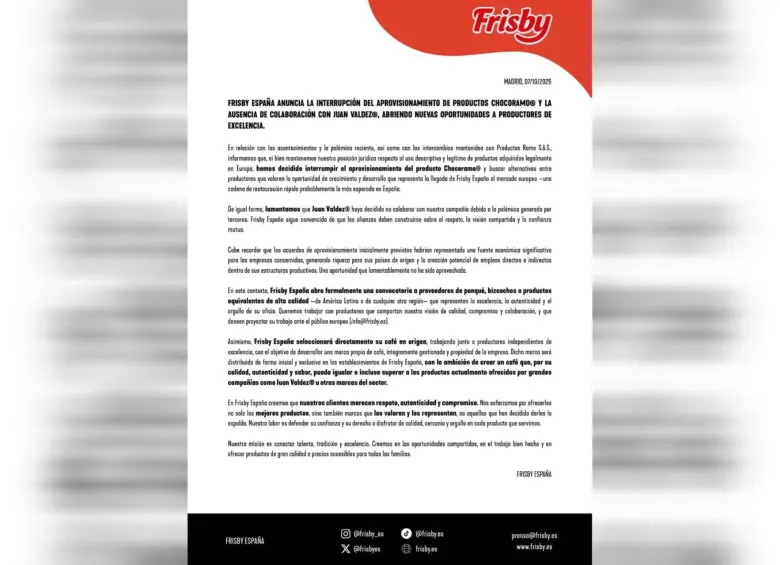 Este es el comunicado que expidió Frisby España sobre la malteada de Chocorramo y Juan Valdez. Foto: redes sociales 