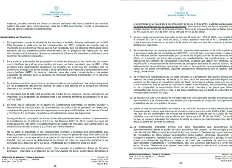 Esta es la carta que el exviceministro Libreros Mamby realizó cuestionando el nuevo marco tarifario de aseo. Foto: Captura de documento enviado a la CRA Esta es la carta que el exviceministro Libreros Mamby realizó cuestionando el nuevo marco tarifario de aseo. Foto: Captura de documento enviado a la CRA