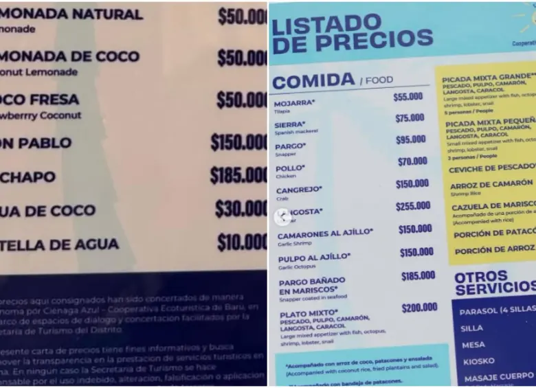 Así es la nueva lista de precios en la isla Barú. FOTO: Captura de redes sociales