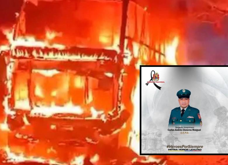El militar muerto en el bus incinerado en Caquetá fue identificado como el sargento Cisneros. Fotos: Captura de video y Ejército. 