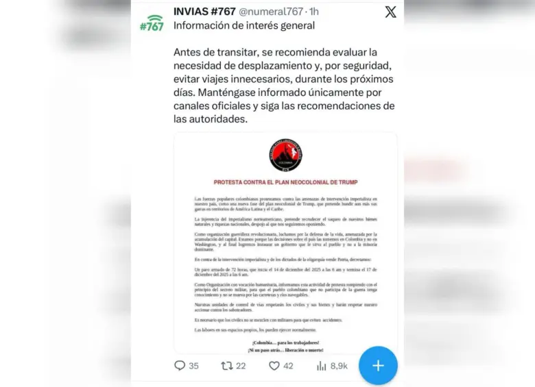 Este fue el trino de Invías en donde le hizo eco a las amenazas del ELN. Foto: Captura X