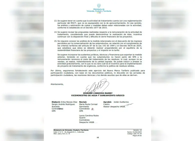 Esta es la carta que el exviceministro Libreros Mamby realizó cuestionando el nuevo marco tarifario de aseo. Foto: Captura de documento enviado a la CRA Esta es la carta que el exviceministro Libreros Mamby realizó cuestionando el nuevo marco tarifario de aseo. Foto: Captura de documento enviado a la CRA