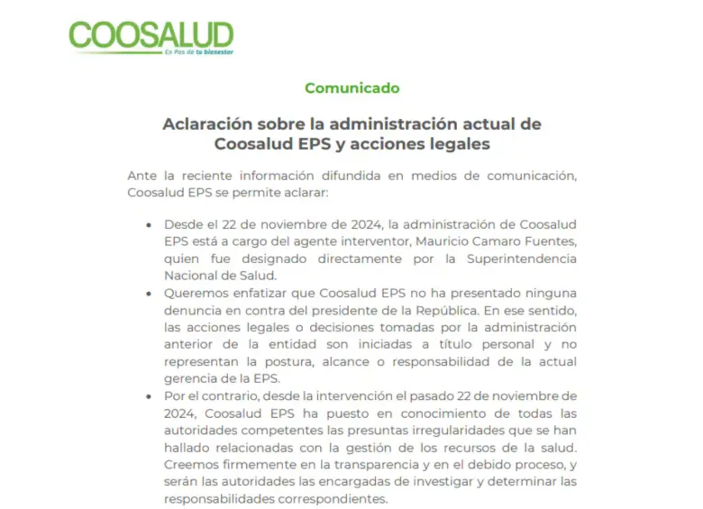 El comunicado de Coosalud al respecto. FOTO: Tomada de redes sociales