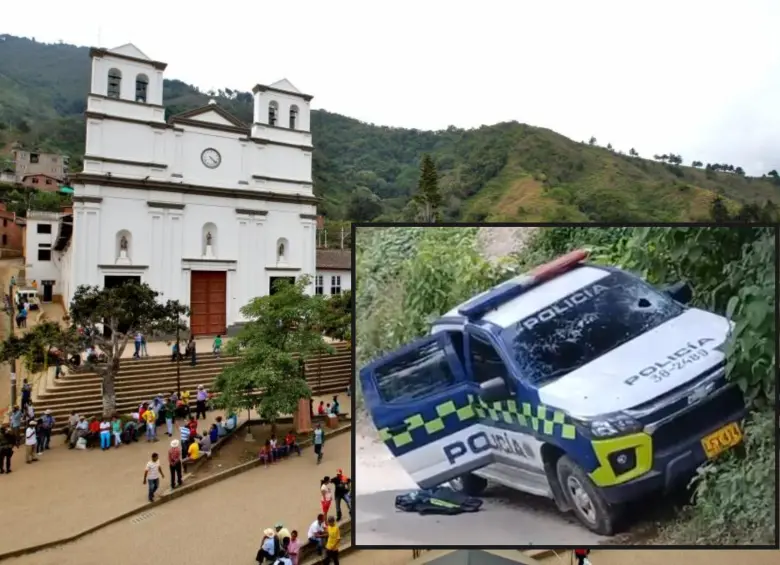 Adelante, la patrulla atacada a tiros. Atrás, el parque de Buriticá Foto: Juan Antonio Sánchez Ocampo y Denuncias Antioquia