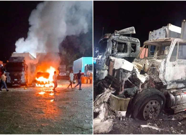 Dos de los seis vehículos fueron quemados en un parqueadero sobre la vía. FOTOS: Tomadas de X @hernandolozano 