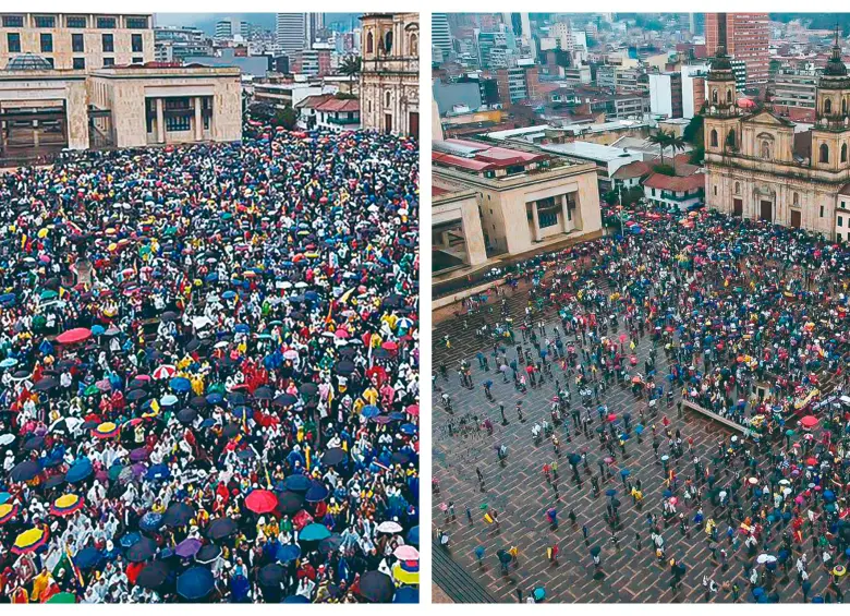 Petro intentó relativizar el alcance de las movilizaciones publicando en X dos fotos contrastantes de la Plaza de Bolívar: una llena y otra parcialmente ocupada bajo la lluvia. FOTO @petrogustavo