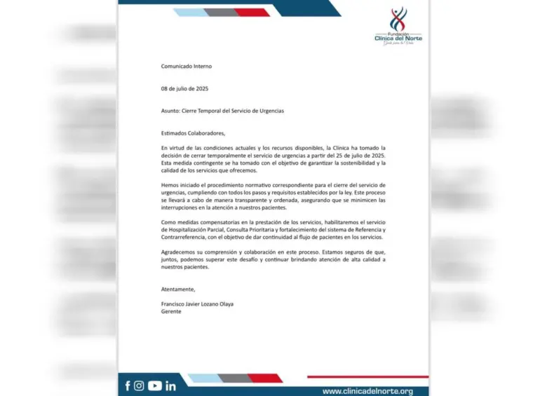 La Clínica del Norte informó a través de un comunicado el cierre temporal del servicio de urgencias. FOTO: Cortesía
