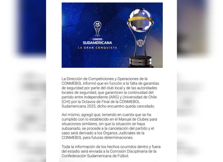 El comunicado de Conmebol sobre lo ocurrido en Avellaneda. Foto: Captura de pantalla página Conmebol