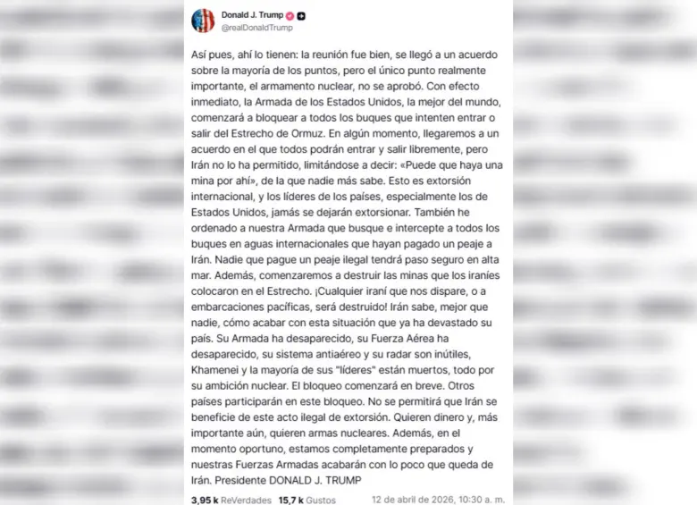 Donald Trump confirmó el bloqueo en Truth Social. 