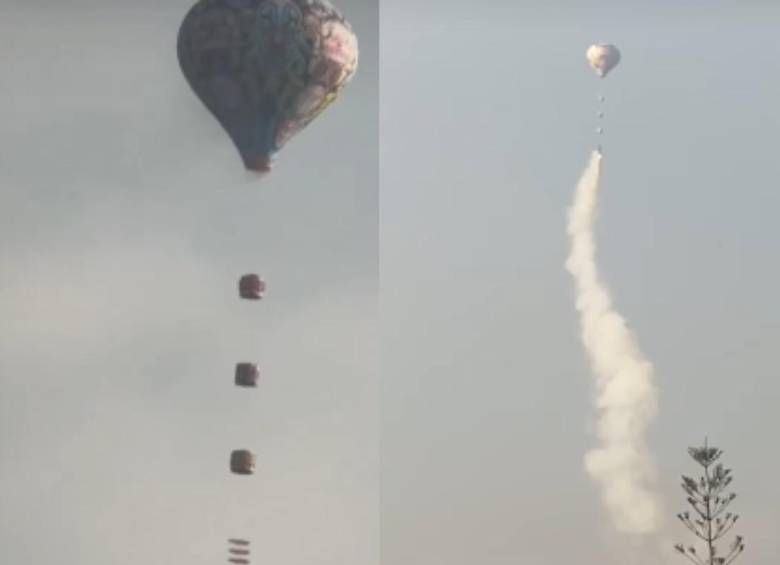 Uno de los globos cargados con pólvora que sobrevoló Itagüí durante la madrugada del 31 de diciembre, una práctica prohibida por el alto riesgo de incendio. FOTO: Redes sociales. 