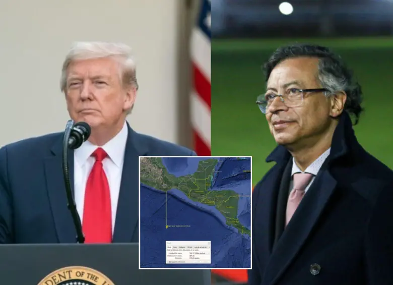 Aunque el gobierno de Donald Trump no publica ubicación exacta de los bombardeos, el presidente de Colombia, Gustavo Petro, mostró en su cuenta de X un mapa con la ubicación de al parecer, uno de los ataques a una presunta narcolancha en el Pacífico. Fotos: Getty Images, Colprensa y Captura @petrogustavo