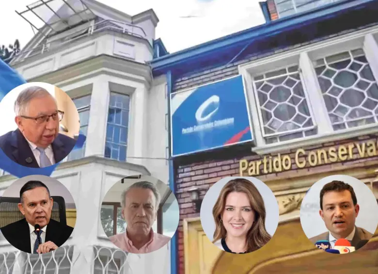 De izquierda a derecha: Coronel (r) Carlos Alfonso Velásquez; Efraín Cepeda; Rubén Darío Lizarralde; Juana Carolina Londoño; y Carlos Felipe Córdoba, los precandidatos presidenciales del Partido Conservador. FOTOS: COLPRENSA Y REDES SOCIALES