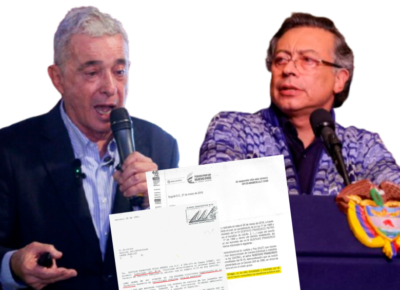 Uribe y Petro se enfrentaron por una carta de 1991 que revive la polémica sobre un supuesto indulto al hoy presidente por su pasado en el M-19. FOTO: COLPRENSA/PRESIDENCIA/ARCHIVO PARTICULAR