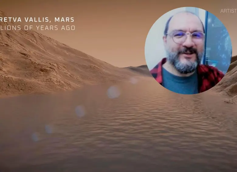 Según un video de la Nasa, así habría sido el sistema de ríos en Marte. En la esquina superior: el profesor Pablo Cuartas Restrepo. Fotos: Tomada de video y cortesía.