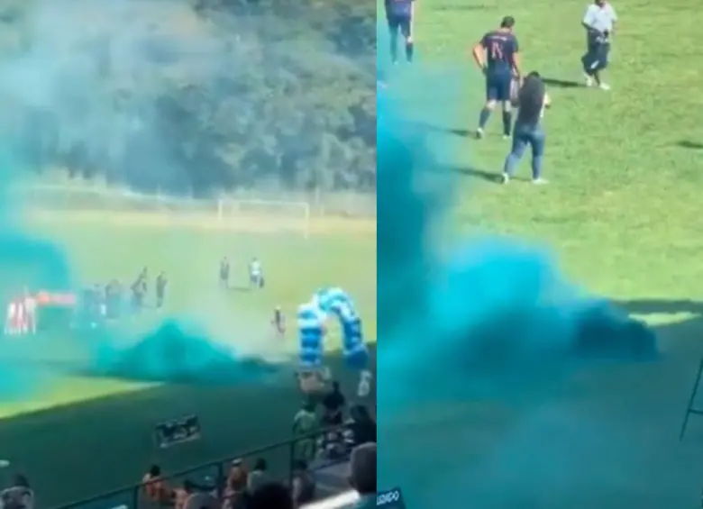 En medio de los actos protocolarios de un partido de fútbol, personas encendieron un artefacto pensando que eran bengalas y resultó gas lacrimógeno. Foto: Captura de video