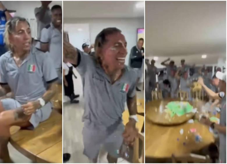 Dayro Moreno celebró de forma anticipada los 40 años junto con sus compañeros de Once Caldas tras la victoria por liga ante Envigado de local. FOTO: Captura video redes sociales @juanfcastano16