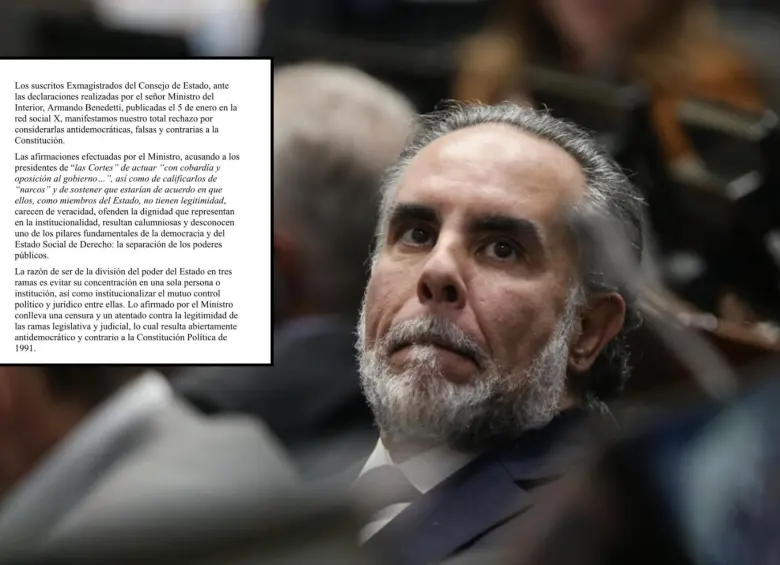 Al ministro del Interior, Armando Benedetti, le cuestionan sus declaraciones sobre el supuesto “silencio” de los magistrados de las altas cortes frente a los anuncios de Estados Unidos de realizar en Colombia una operación similar a la que ejecutó en Venezuela. Foto: Colprensa/Redes Sociales.