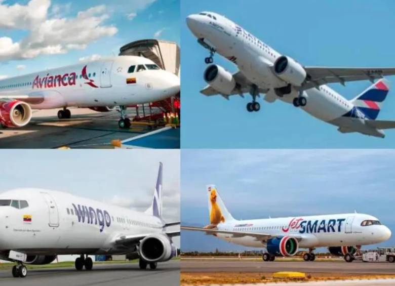 Latam, Avianca, JetSmart y Wingo, son algunas de las principales aerolíneas que operan en Colombia. FOTO: CORTESÍA AEROLÍNEAS Y EL COLOMBIANO