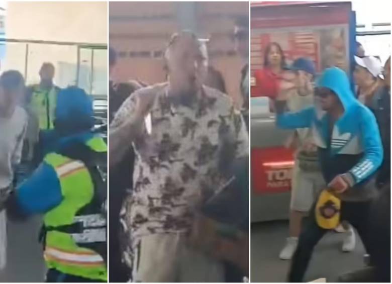 Momento en que unos sujetos, al otro lado de los torniquetes de la estación Portal 20 de Julio de TransMilenio, portan armas blancas para atacar a los de seguridad. FOTO: Captura video de redes sociales @ColombiaOscura