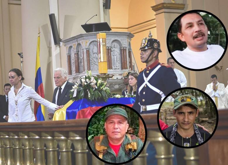 Alias el Zarco Aldinever (de blanco), alias Enroque Marulanda (esquina inferior derecha), alias John 40 y alias Yaco (sin foto) se habrían reunido para planear el magnicidio de Miguel Uribe. FOTOS Colprensa y EL COLOMBIANO