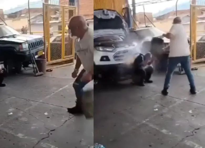 El video que muestra un aparente caso de maltrato laboral en un taller de Pereira habría ocurrido hace varios meses, según los actuales propietarios del lugar, quienes afirmaron que el agresor ya no trabaja allí. FOTO: captura de video. 