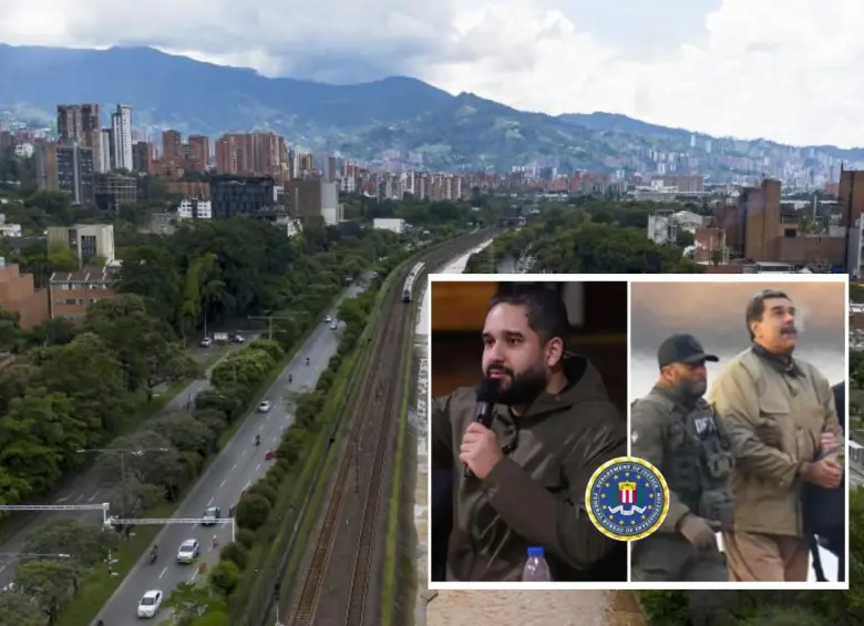 Adelante, Nicolas Maduro Guerra, “Nicolasito”, y su padre el dictador Nicolás Maduro. Atrás, panorámica de Medellín. Foto: Andrés Camilo Suárez Echeverry.