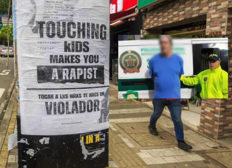 Adelante, un cartel en contra de la explotación sexual infantil por parte de turistas. Atrás, el detenido por la Policía. Foto: Andrés Camilo Suárez Echeverry e imagen tomada de redes.