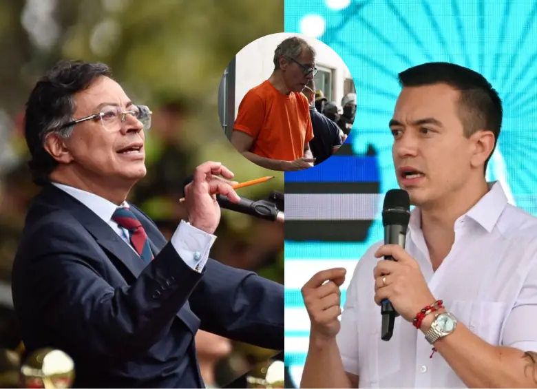 A la izquierda, el presidente de Colombia, Gustavo Petro; a la derecha, el presidente de Ecuador, Daniel Noboa; en el centro, Jorge Glas, exvicepresidente de Ecuador. FOTOS: COLPRENSA, AFP Y REDES SOCIALES/X DE DANIEL NOBOA