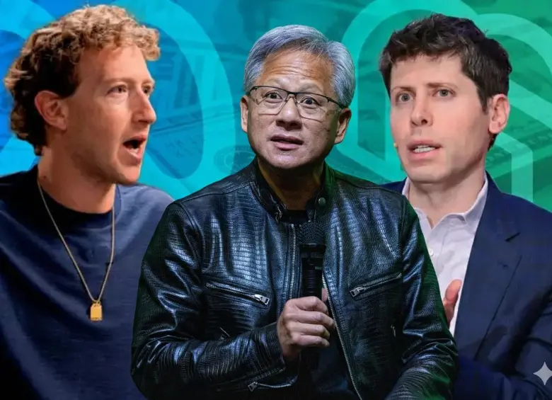 Mark Zuckerberg, director ejecutivo de Meta Platforms; Jensen Huang, presidente y director ejecutivo de Nvidia; y Sam Altman, director ejecutivo de OpenAI. FOTO: Getty.